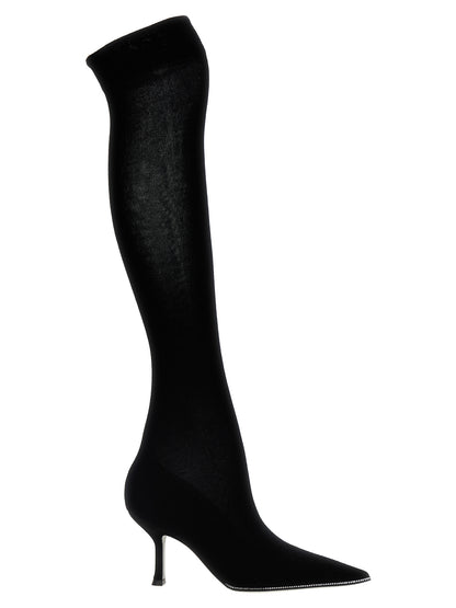 Sock Over-The-Knee Boots by RENE CAOVILLA for women in linen wool & suede leather black showcases a ergonomic silhouette from the Women's Linen Wool & Suede Leather Sock Over-The-Knee Boots collection, featuring a ergonomic and a ergonomic .