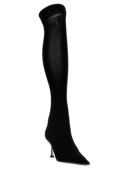 Sock Over-The-Knee Boots by RENE CAOVILLA for women in linen wool & suede leather black showcases a impeccable silhouette as Women's Linen Wool & Suede Leather Sock Over-The-Knee Boots, artfully defined by a impeccable and a impeccable .