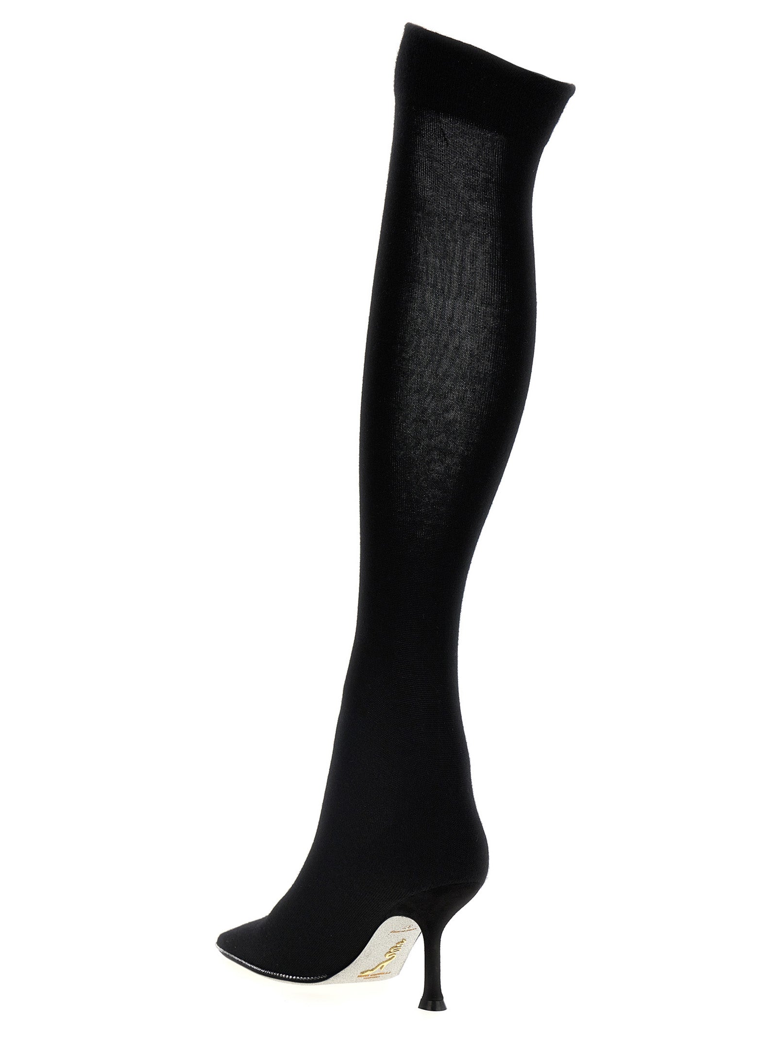 Sock Over-The-Knee Boots by RENE CAOVILLA for women in linen wool & suede leather black features an dynamic silhouette, showcasing the dynamic Women's Linen Wool & Suede Leather Sock Over-The-Knee Boots design with its distinctive and elegant .