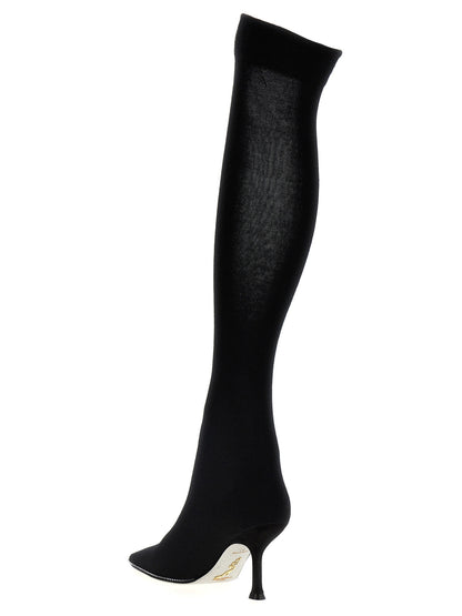 Sock Over-The-Knee Boots by RENE CAOVILLA for women in linen wool & suede leather black features an dynamic silhouette, showcasing the dynamic Women's Linen Wool & Suede Leather Sock Over-The-Knee Boots design with its distinctive and elegant .