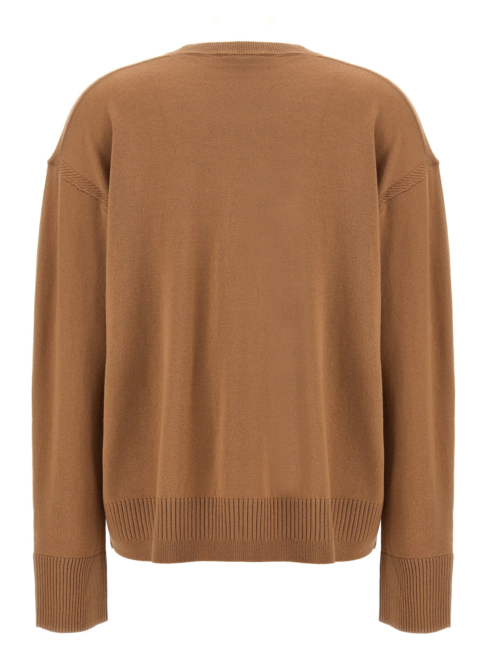 Cardigan by Stella McCartney for women in wool beige & gold showcases a captivating silhouette, artfully detailed with a captivating and crew split neckline for a truly sophisticated captivating look.