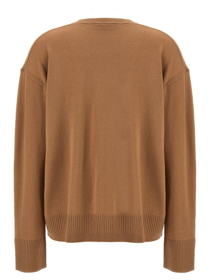 Cardigan by Stella McCartney for women in wool beige & gold showcases a captivating silhouette, artfully detailed with a captivating and crew split neckline for a truly sophisticated captivating look.