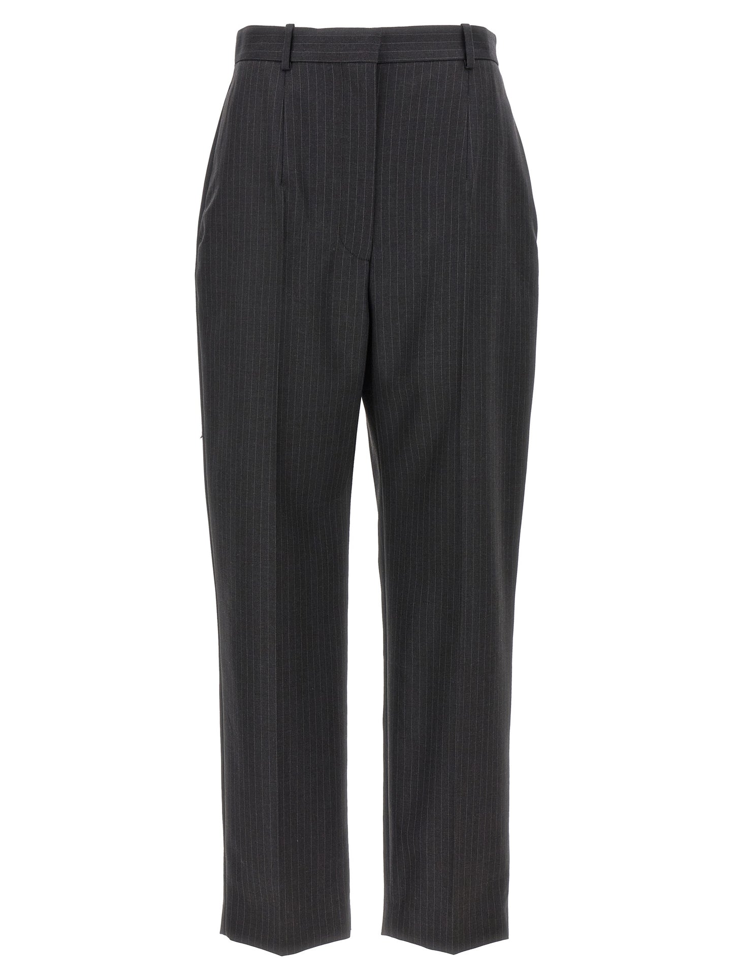 Trousers by Alexander McQueen for women in wool gray & pinstripe features an sartorial silhouette, showcasing a precise and long with a sartorial for a refined look.