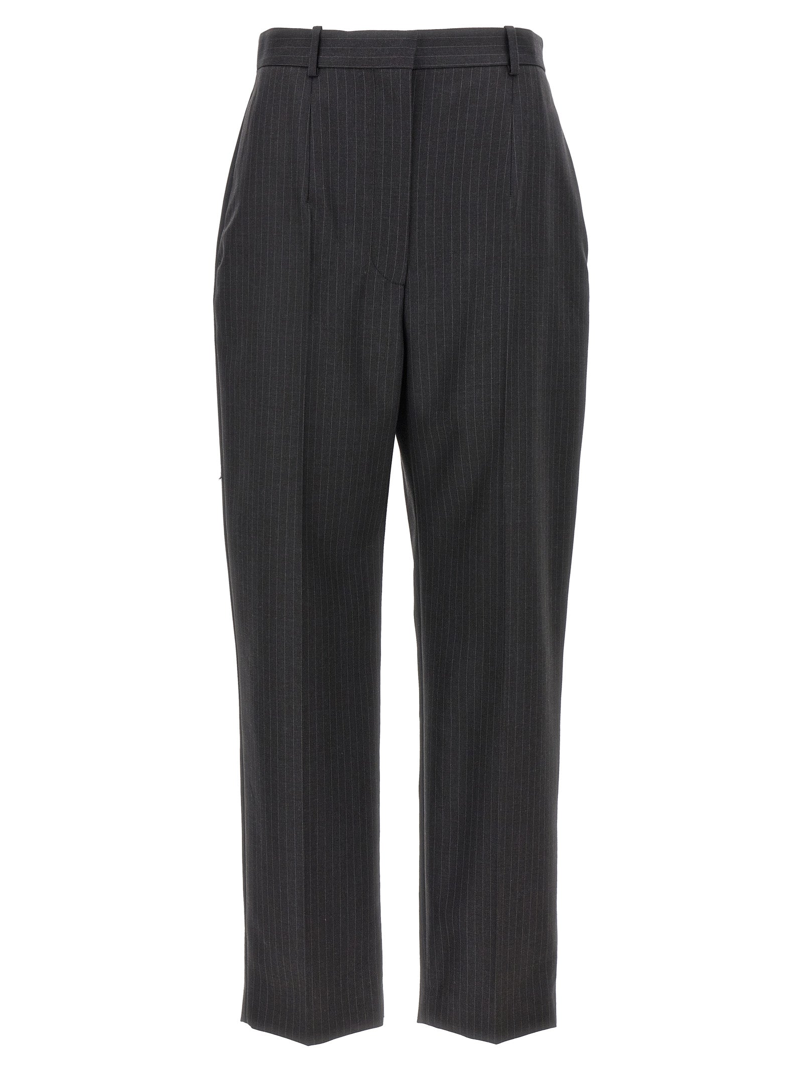 Trousers by Alexander McQueen for women in wool gray & pinstripe features an sartorial silhouette, showcasing a precise and long with a sartorial for a refined look.