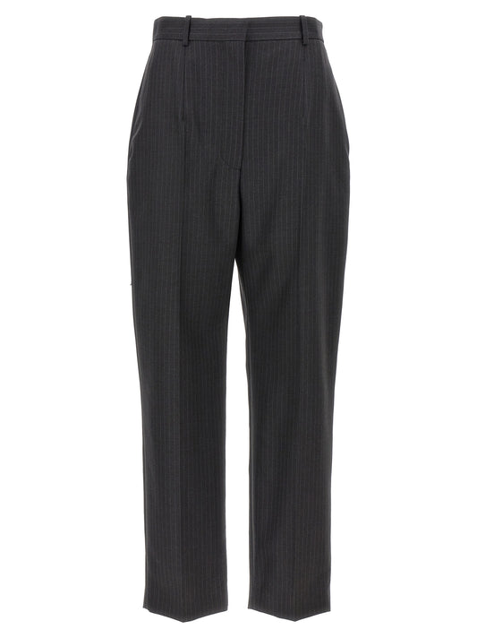 Trousers by Alexander McQueen for women in wool gray & pinstripe features an sartorial silhouette, showcasing a precise and long with a sartorial for a refined look.