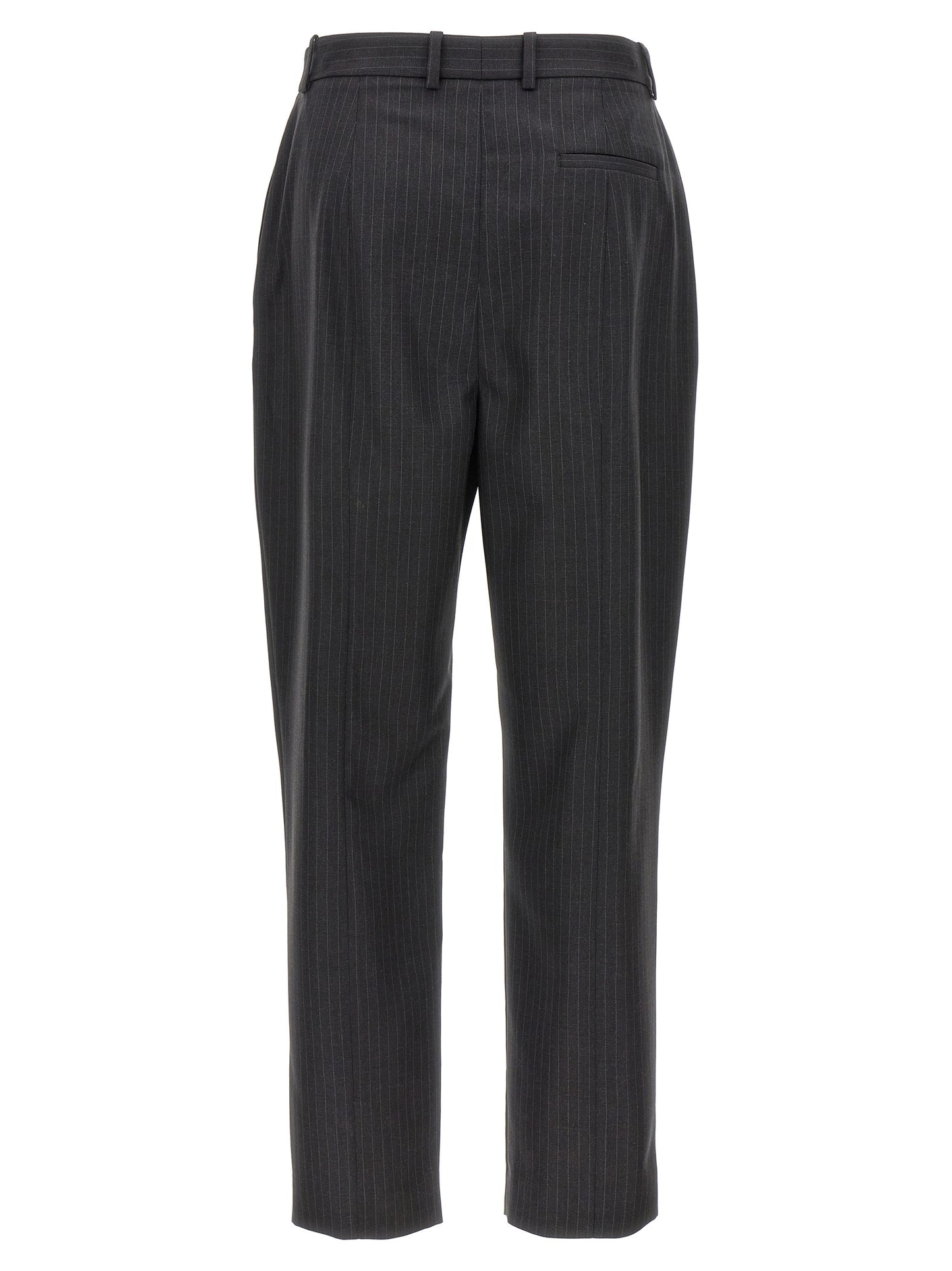Trousers by Alexander McQueen for women in wool gray & pinstripe features a sculptural silhouette, showcasing a sculptural and long with a sophisticated for a sculptural finish.