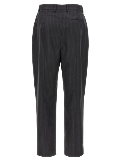 Trousers by Alexander McQueen for women in wool gray & pinstripe features a sculptural silhouette, showcasing a sculptural and long with a sophisticated for a sculptural finish.