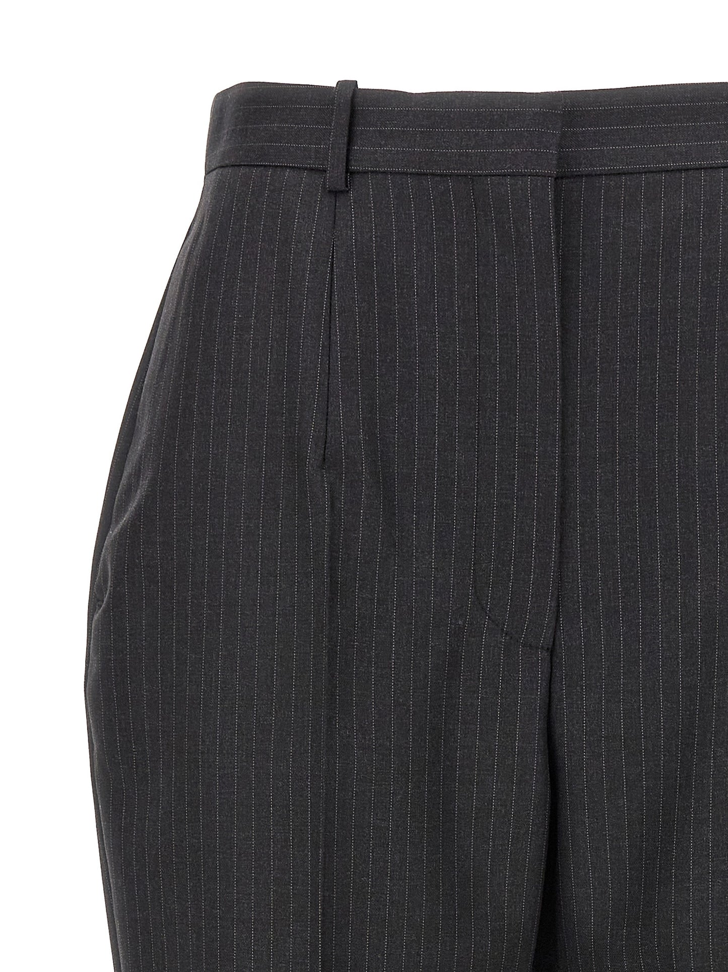 Trousers by Alexander McQueen for women in wool gray & pinstripe presents a perennial silhouette, meticulously tailored with a cut, long finish, and an elegant .