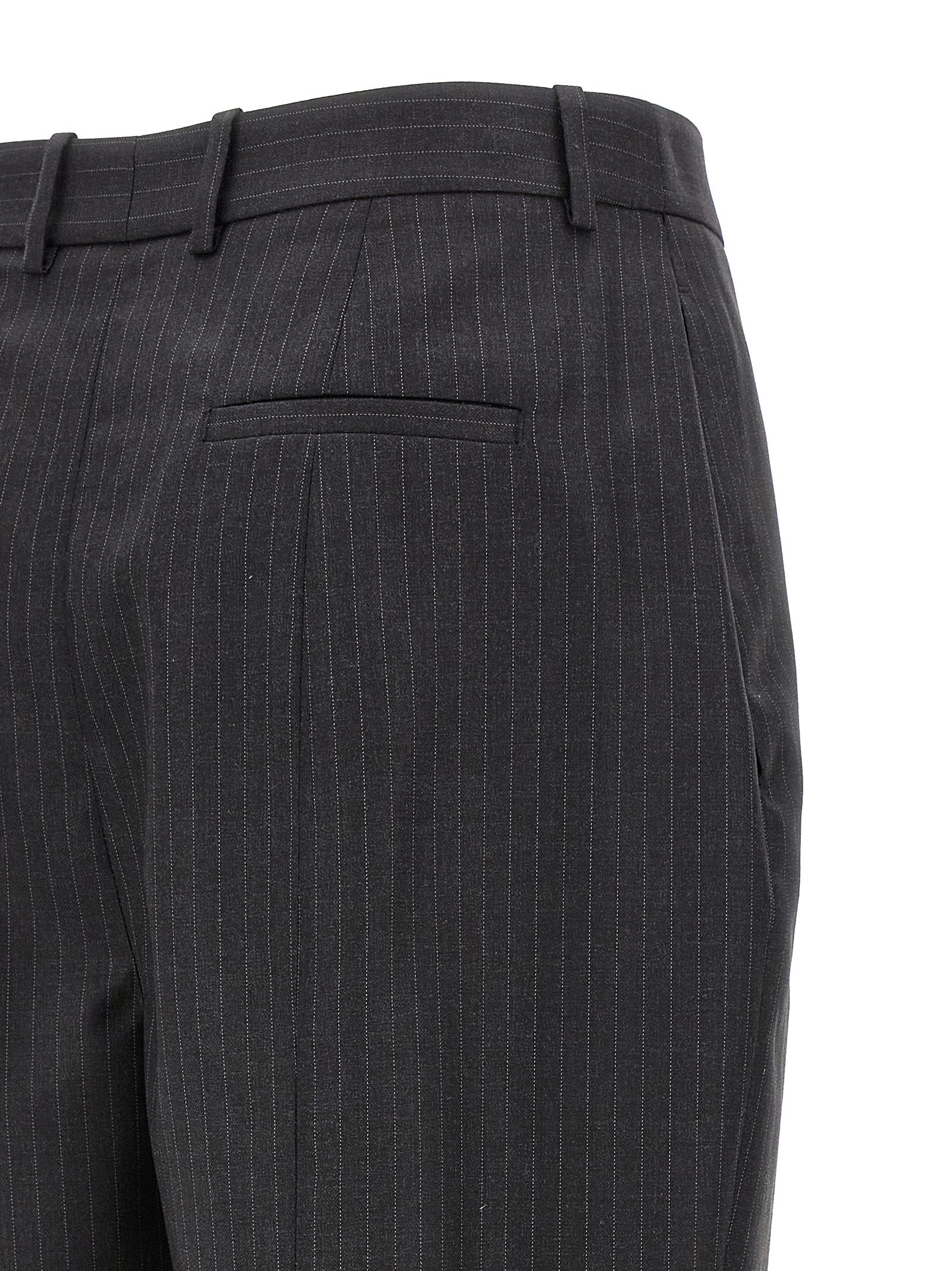 Trousers by Alexander McQueen for women in wool gray & pinstripe features an on trend silhouette, showcasing a sophisticated with a long and for an on trend finish.