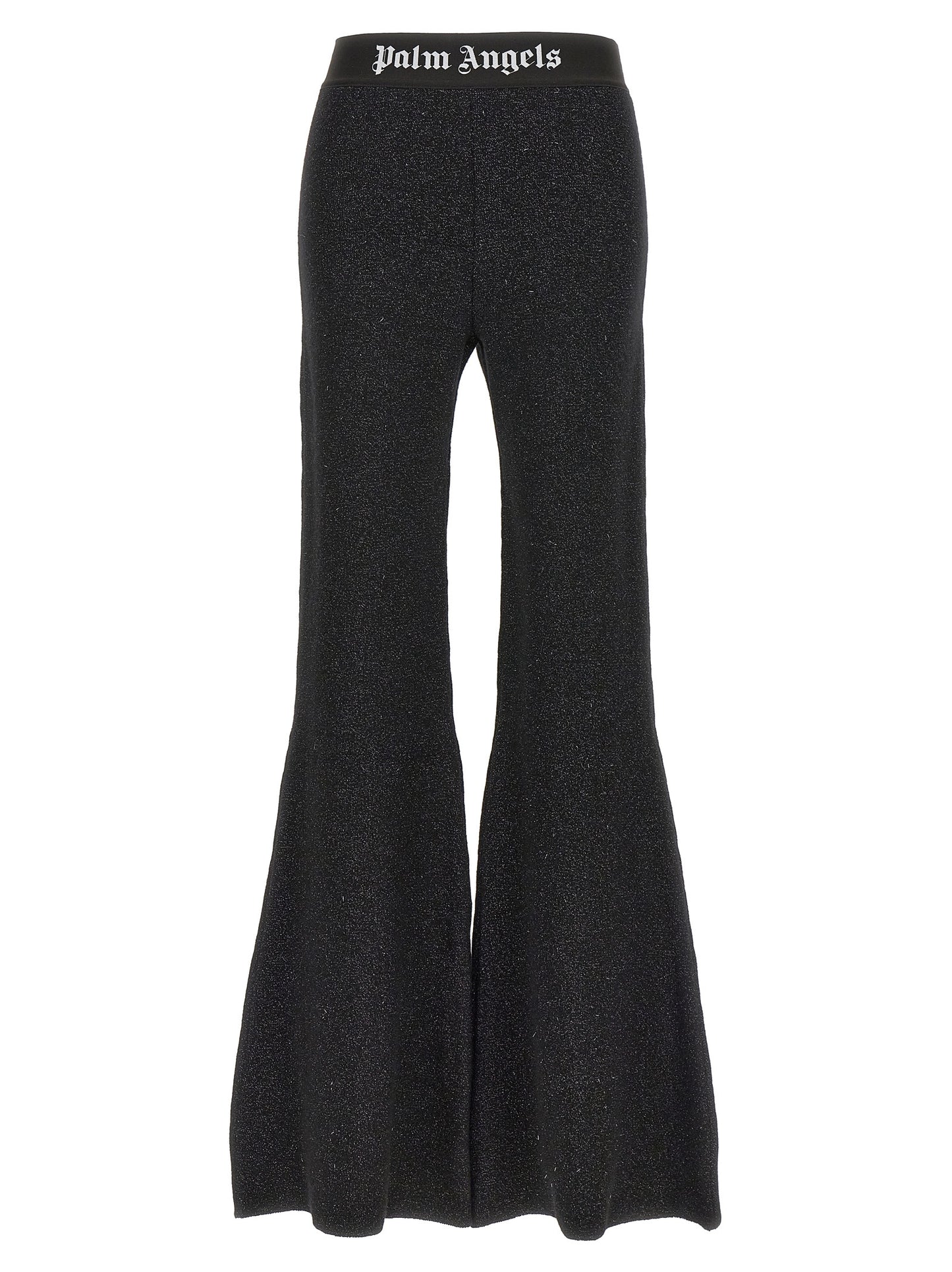 Trousers by Palm Angels for women in cashmere wool lurex & viscose black & jacquard presents a smart silhouette, meticulously detailed with a smart flared, a smart long, and a smart .
