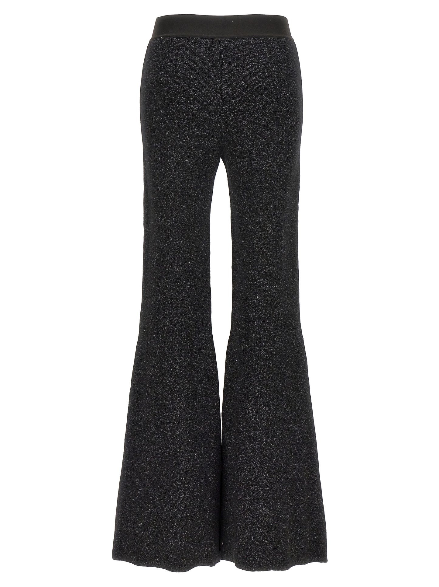 Trousers by Palm Angels for women in cashmere wool lurex & viscose black & jacquard features an on trend silhouette, showcasing a sophisticated flared with a long and for an on trend finish.