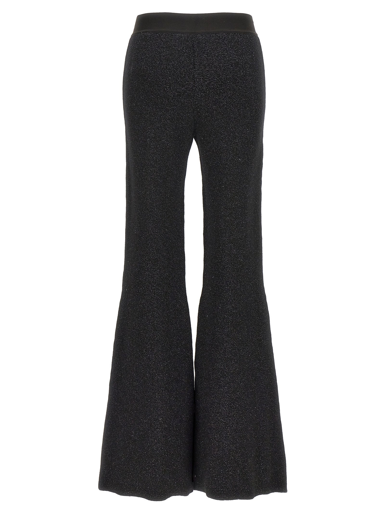Trousers by Palm Angels for women in cashmere wool lurex & viscose black & jacquard features an on trend silhouette, showcasing a sophisticated flared with a long and for an on trend finish.