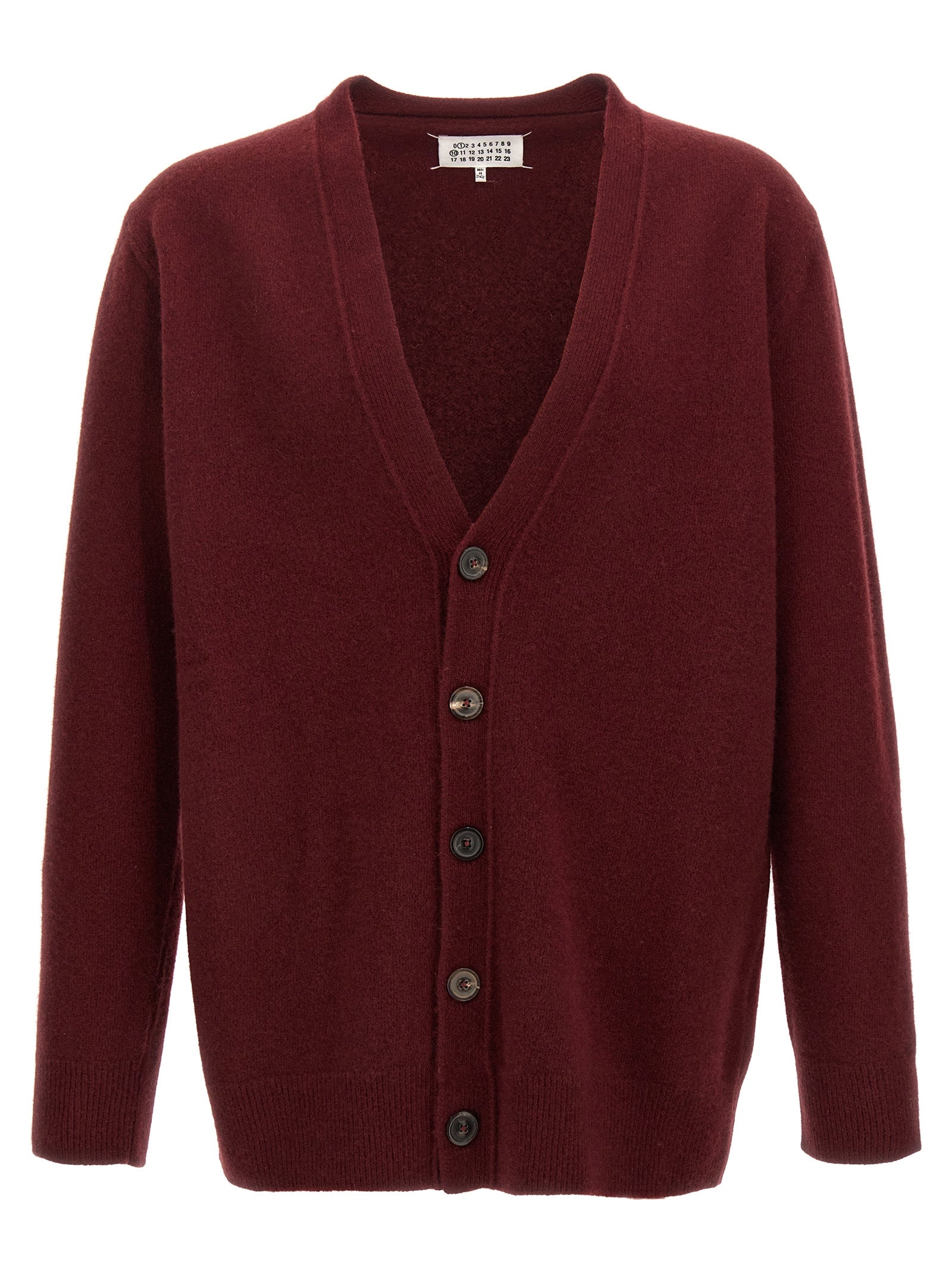 Cardigan by Maison Margiela for men in wool bordeaux showcases a captivating silhouette, artfully detailed with a captivating and for a truly sophisticated captivating look.