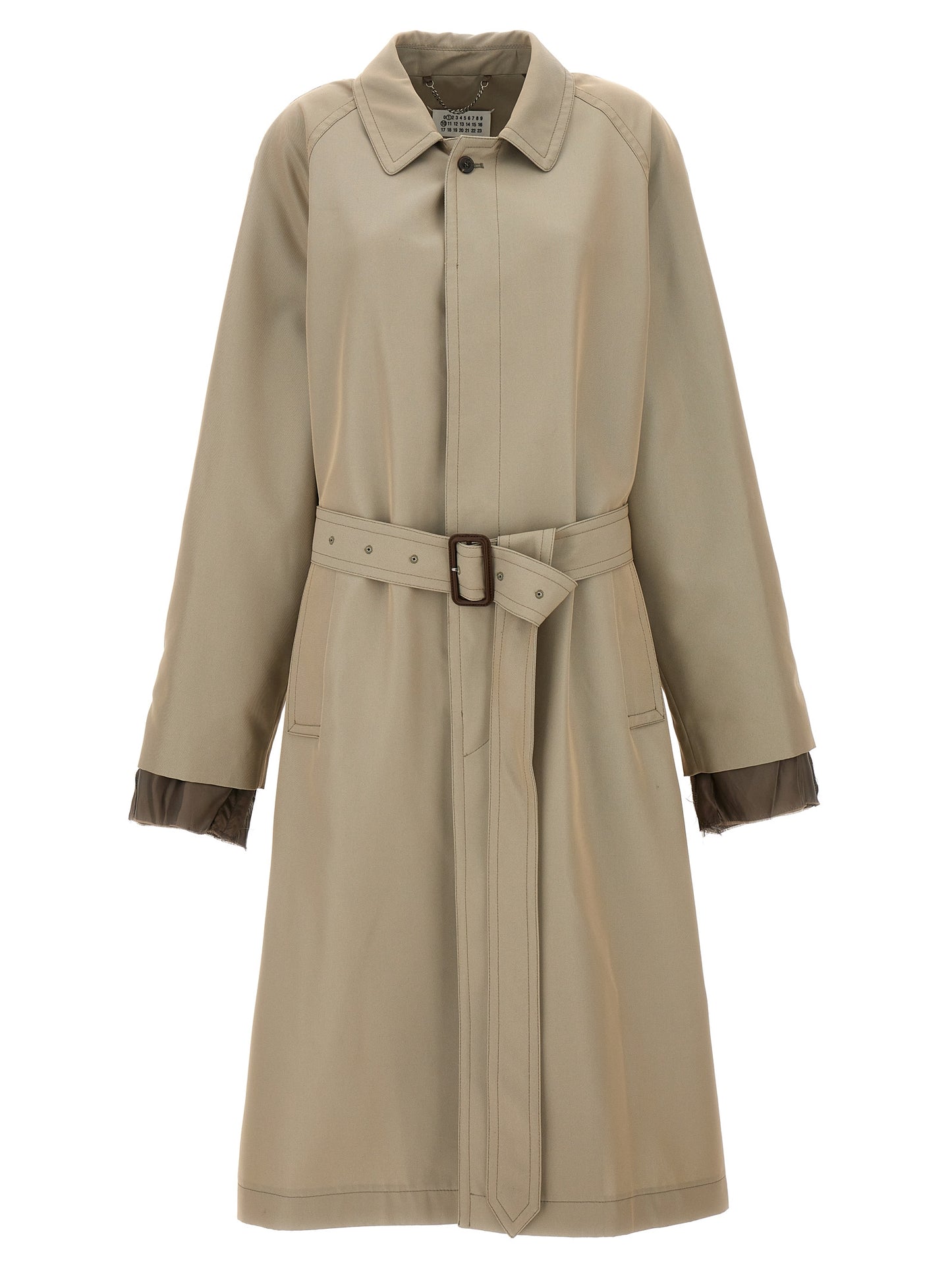 Trench Coat by Maison Margiela for men in cotton polyester and beige presents a exquisite silhouette, showcasing a exquisite split neckline and functional pockets for an elevated aesthetic.