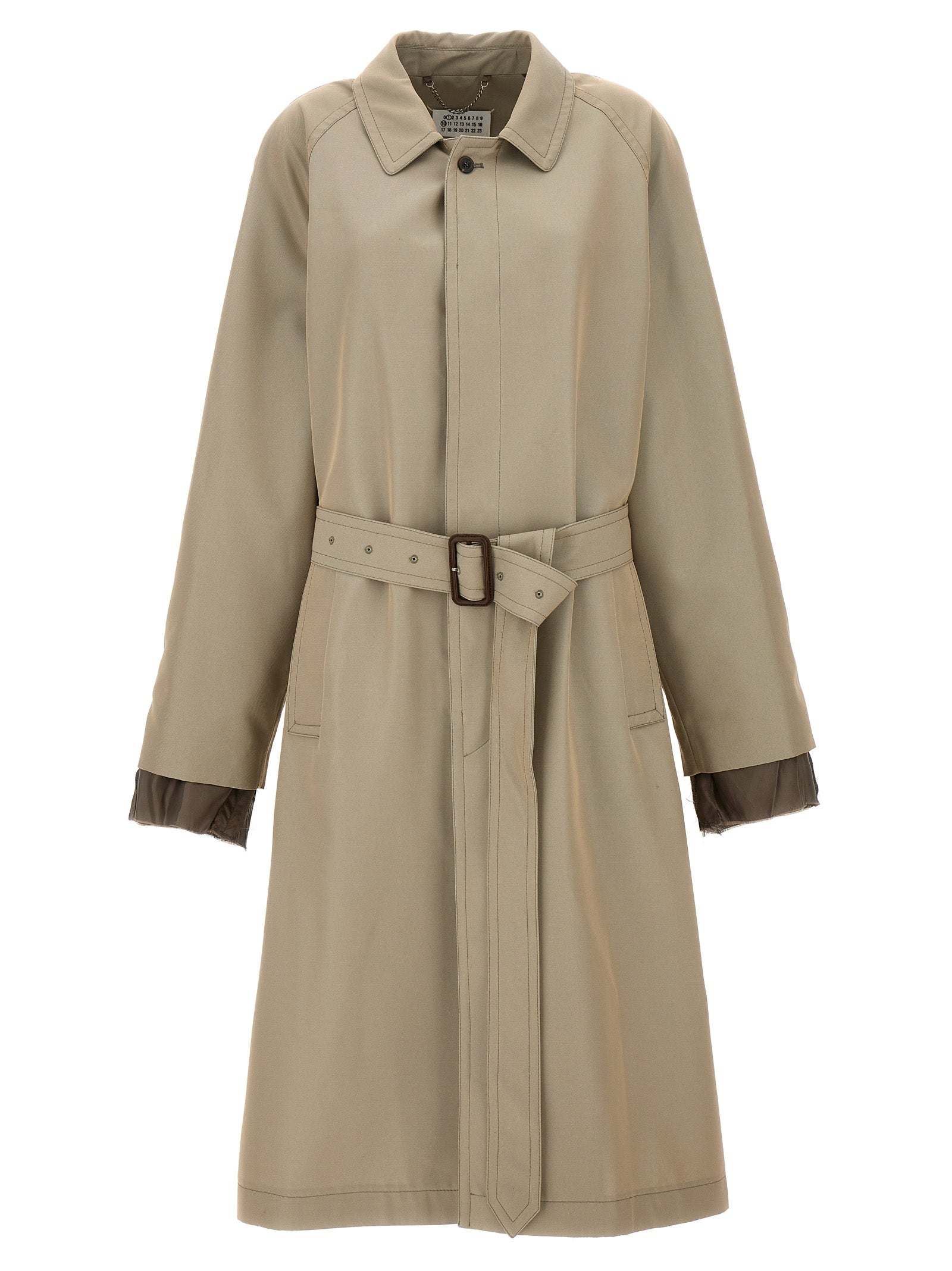 Trench Coat by Maison Margiela for men in cotton polyester and beige presents a exquisite silhouette, showcasing a exquisite split neckline and functional pockets for an elevated aesthetic.