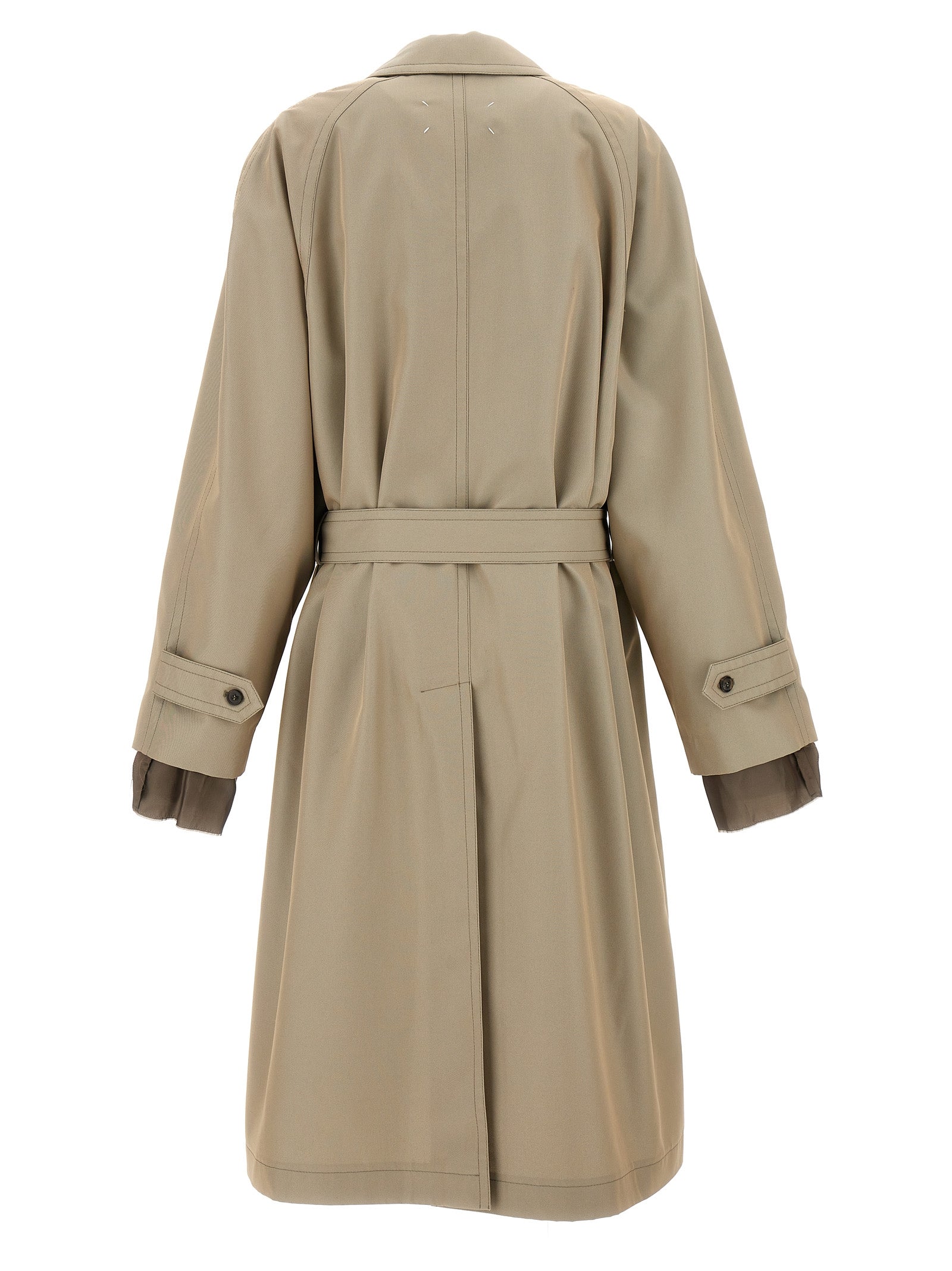 Trench Coat by Maison Margiela for men in cotton polyester beige features an dramatic silhouette, perfectly showcasing the elegant split neckline and sophisticated pockets for a truly dramatic aesthetic.