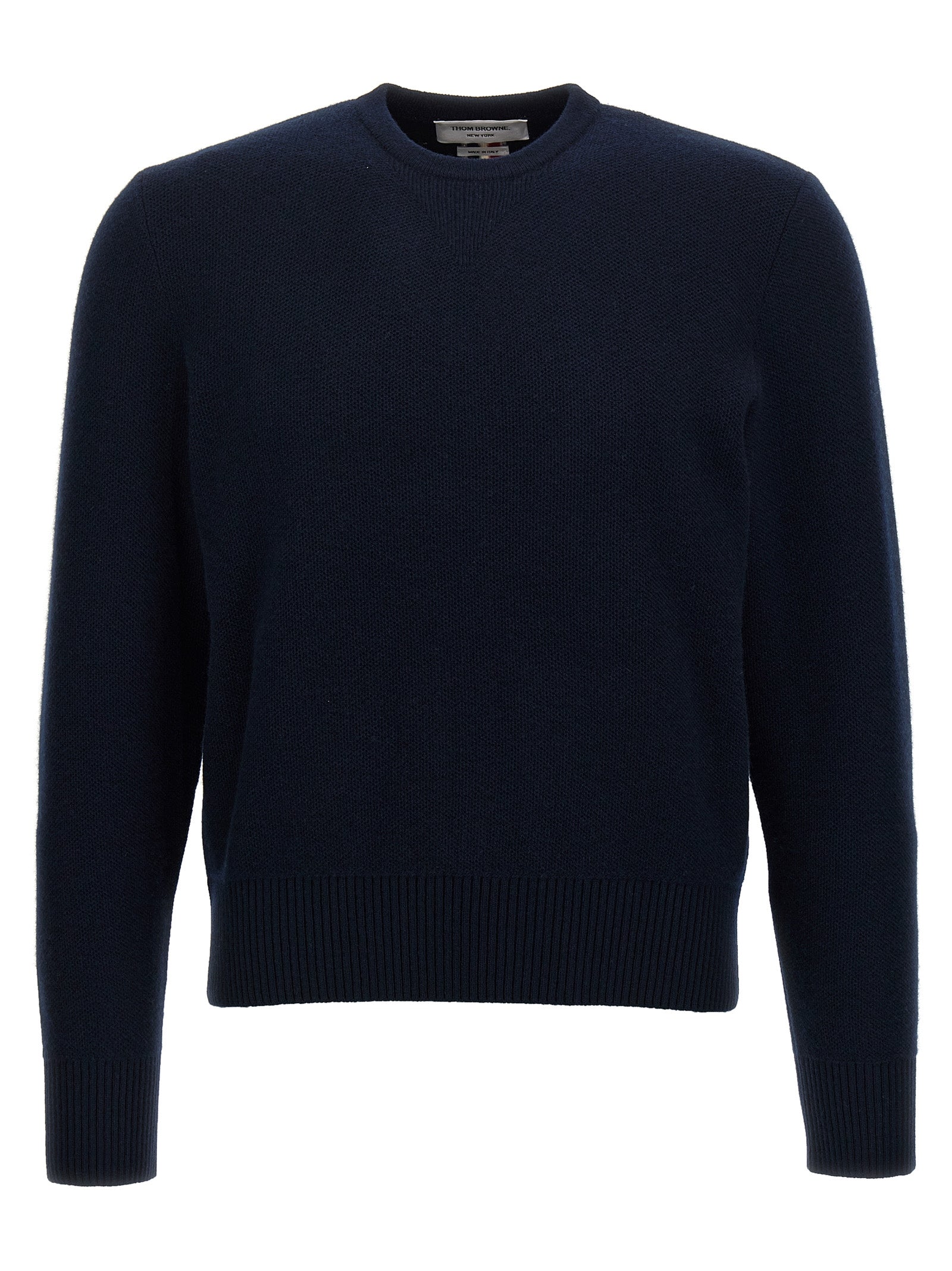 Cardigan by Thom Browne for men in virgin wool blue showcases a luxurious silhouette, meticulously detailed with a sophisticated crew neckline and for a refined finish.