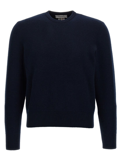 Cardigan by Thom Browne for men in virgin wool blue showcases a luxurious silhouette, meticulously detailed with a sophisticated crew neckline and for a refined finish.