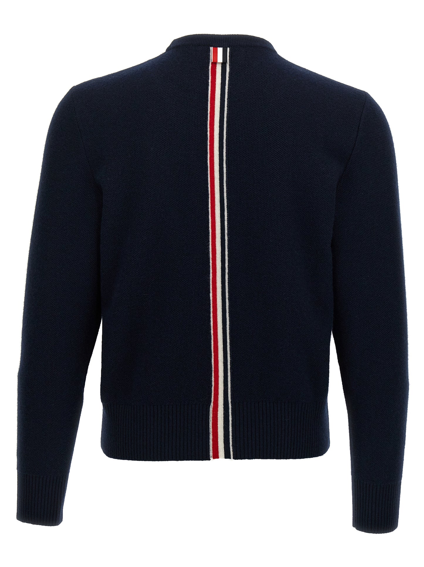 Cardigan by Thom Browne for men in virgin wool blue showcases a captivating silhouette, artfully detailed with a captivating and crew neckline for a truly sophisticated captivating look.
