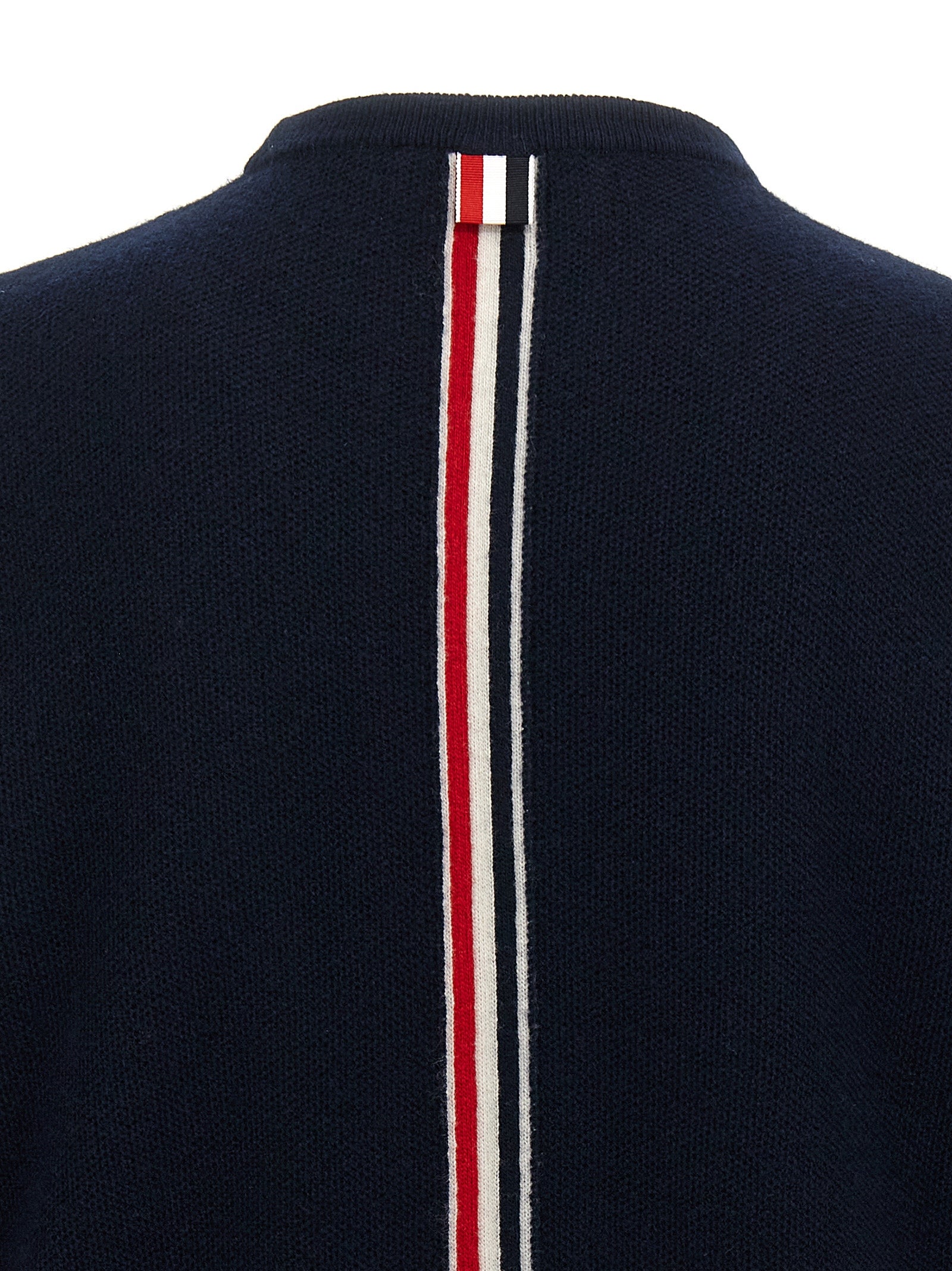Cardigan by Thom Browne for men in virgin wool blue features an impeccable silhouette, showcasing a sophisticated and detail for a truly impeccable finish.