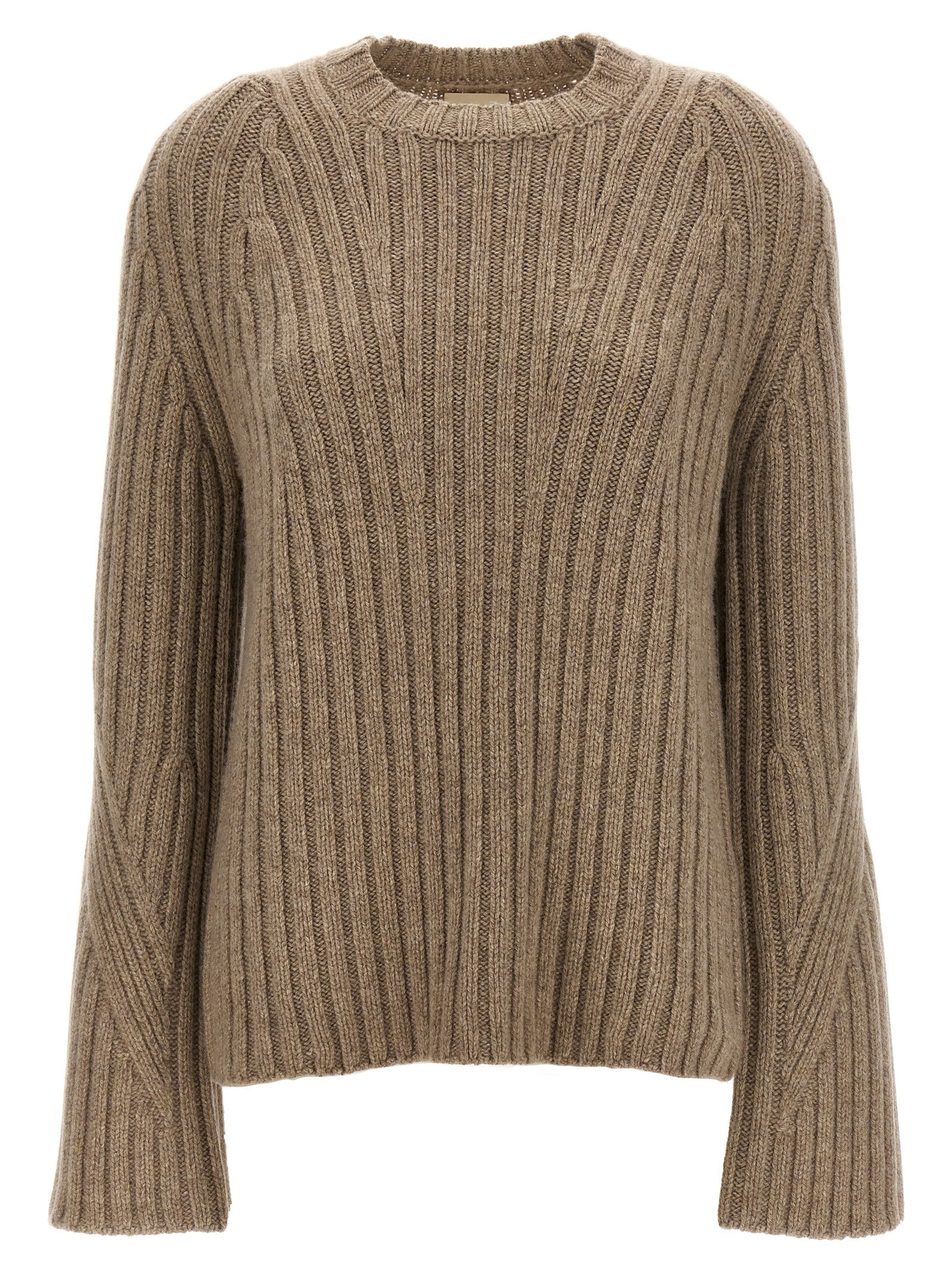 Cardigan by Khaite for women in cashmere beige showcases a captivating silhouette, artfully detailed with a captivating long-sleeve and crew neckline for a truly sophisticated captivating look.