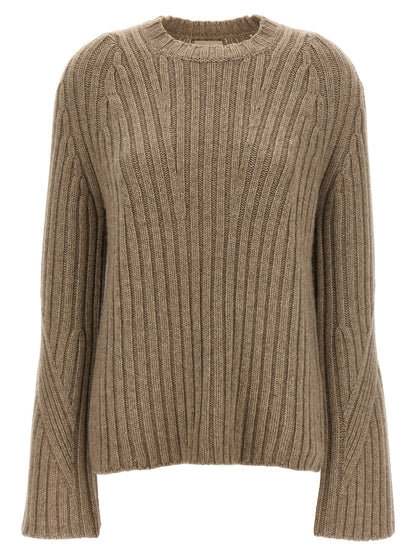 Cardigan by Khaite for women in cashmere beige showcases a captivating silhouette, artfully detailed with a captivating long-sleeve and crew neckline for a truly sophisticated captivating look.