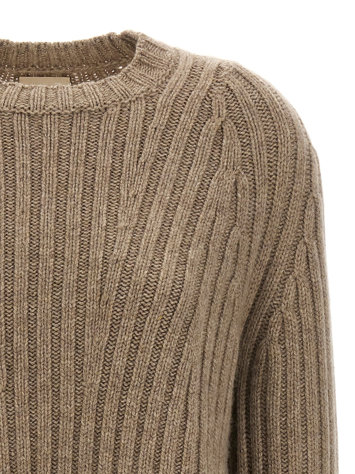 Cardigan by Khaite for women in cashmere beige features a dramatic silhouette, showcasing a sophisticated crew neckline and dramatic detail for a timeless, premium look.