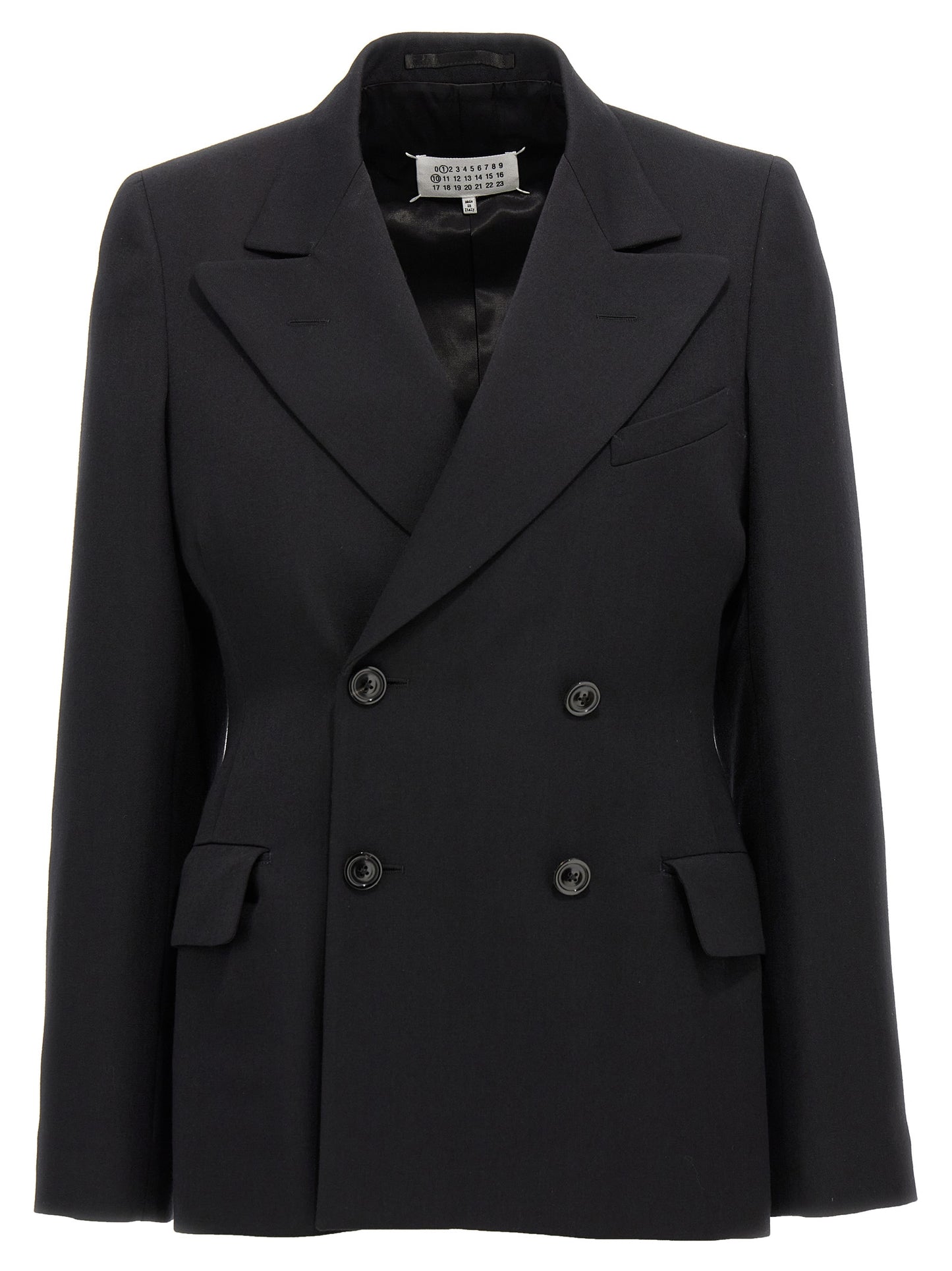 Blazer by Maison Margiela for women in wool black showcases a discerning silhouette, elegantly detailed with a sophisticated and premium for a truly discerning finish.