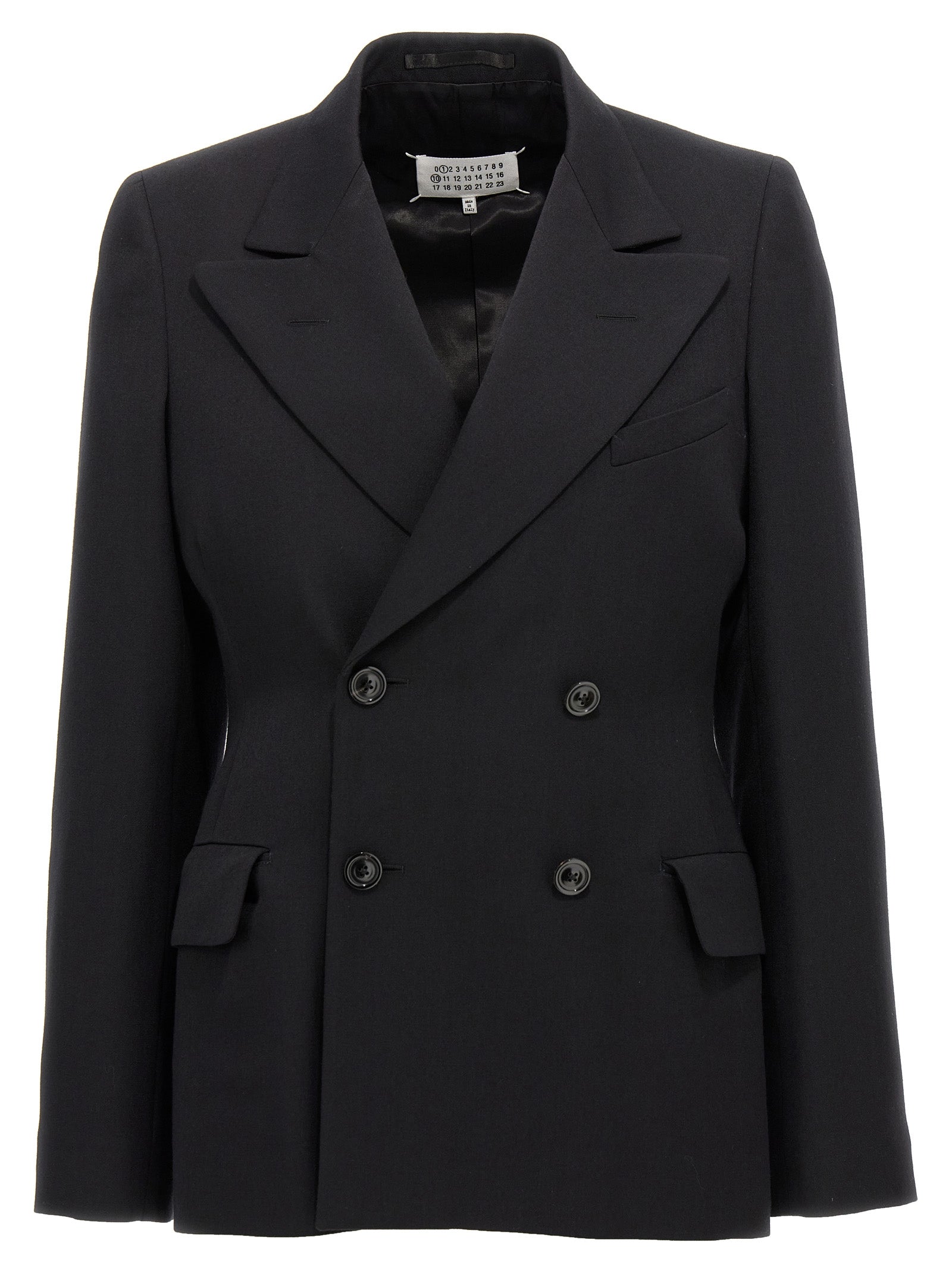 Blazer by Maison Margiela for women in wool black showcases a discerning silhouette, elegantly detailed with a sophisticated and premium for a truly discerning finish.