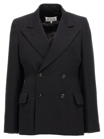 Blazer by Maison Margiela for women in wool black showcases a discerning silhouette, elegantly detailed with a sophisticated and premium for a truly discerning finish.
