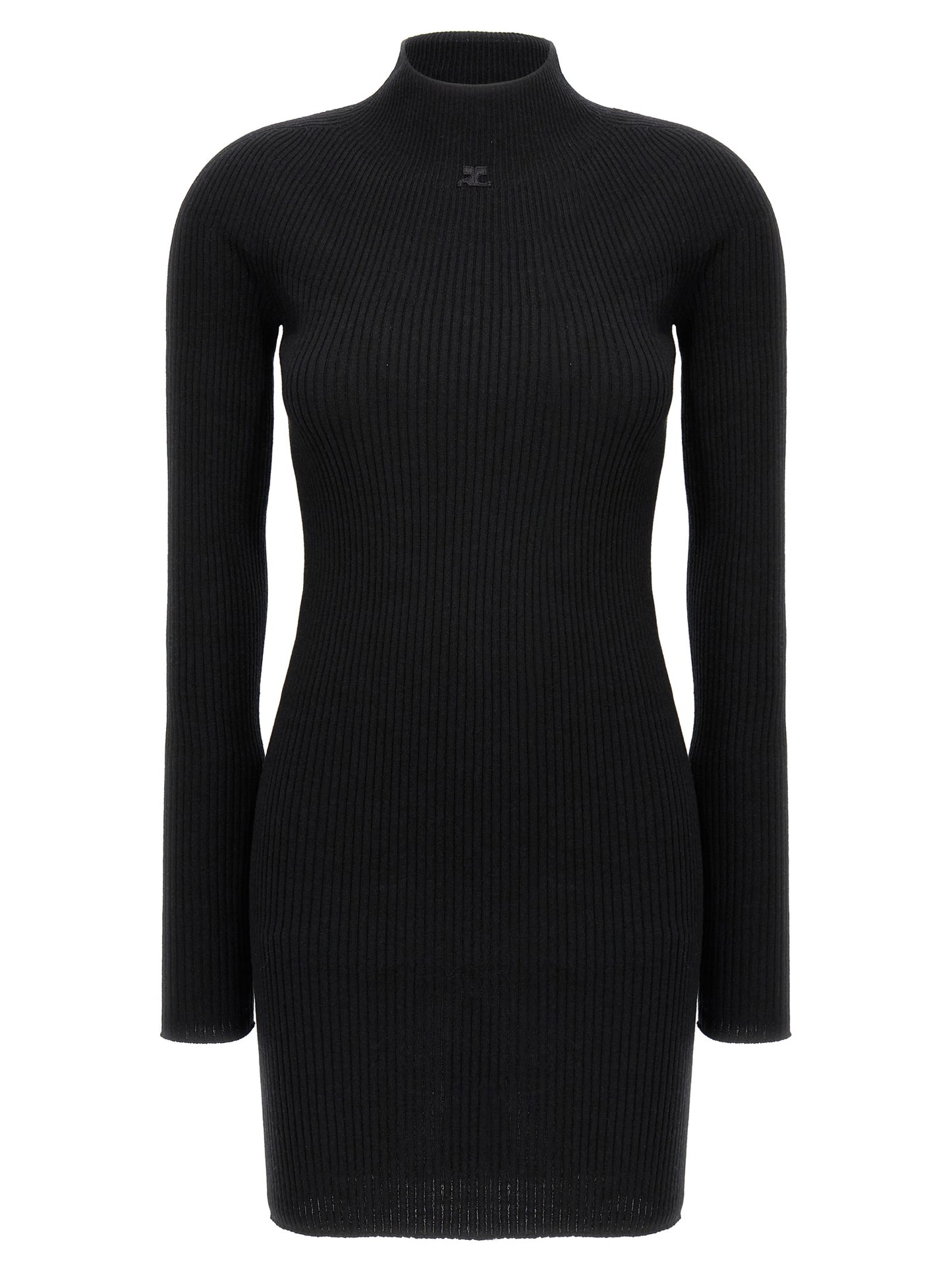 Dress by Courrèges for women in wool cotton black features an cute silhouette, detailed with a long-sleeve and high-neck neckline that elegantly flows into a cute short.