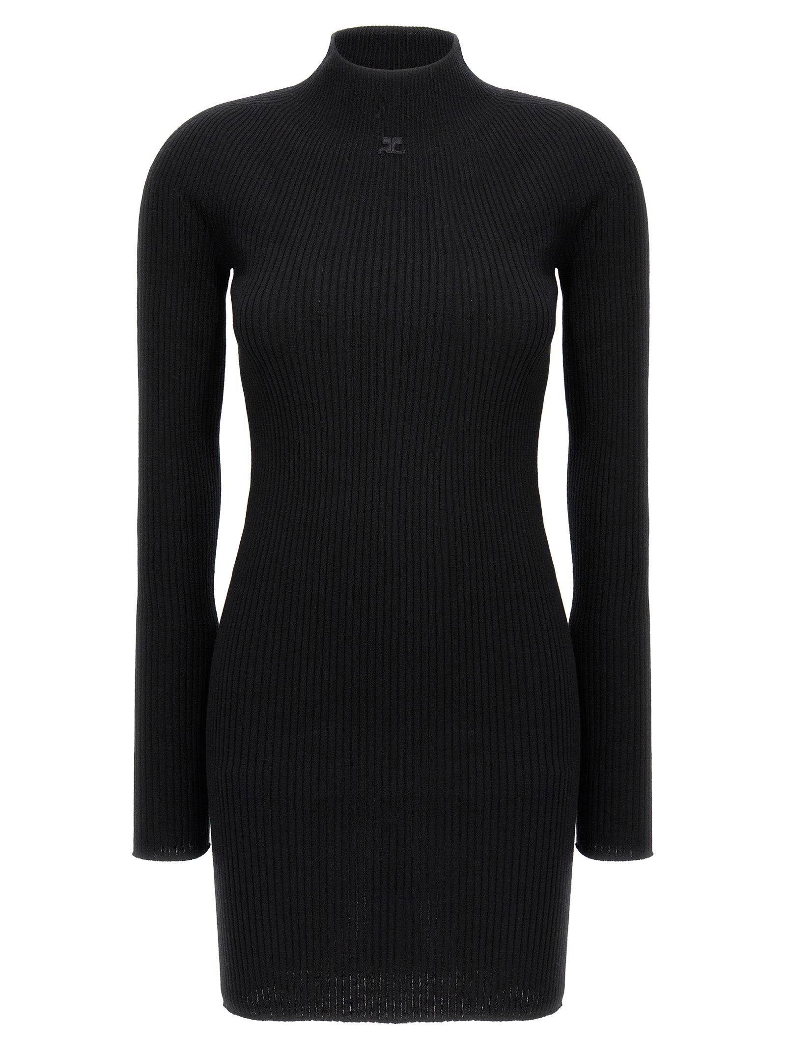 Dress by Courrèges for women in wool cotton black features an cute silhouette, detailed with a long-sleeve and high-neck neckline that elegantly flows into a cute short.
