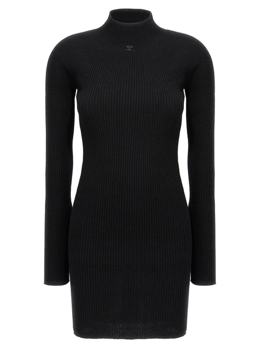Dress by Courrèges for women in wool cotton black features an cute silhouette, detailed with a long-sleeve and high-neck neckline that elegantly flows into a cute short.