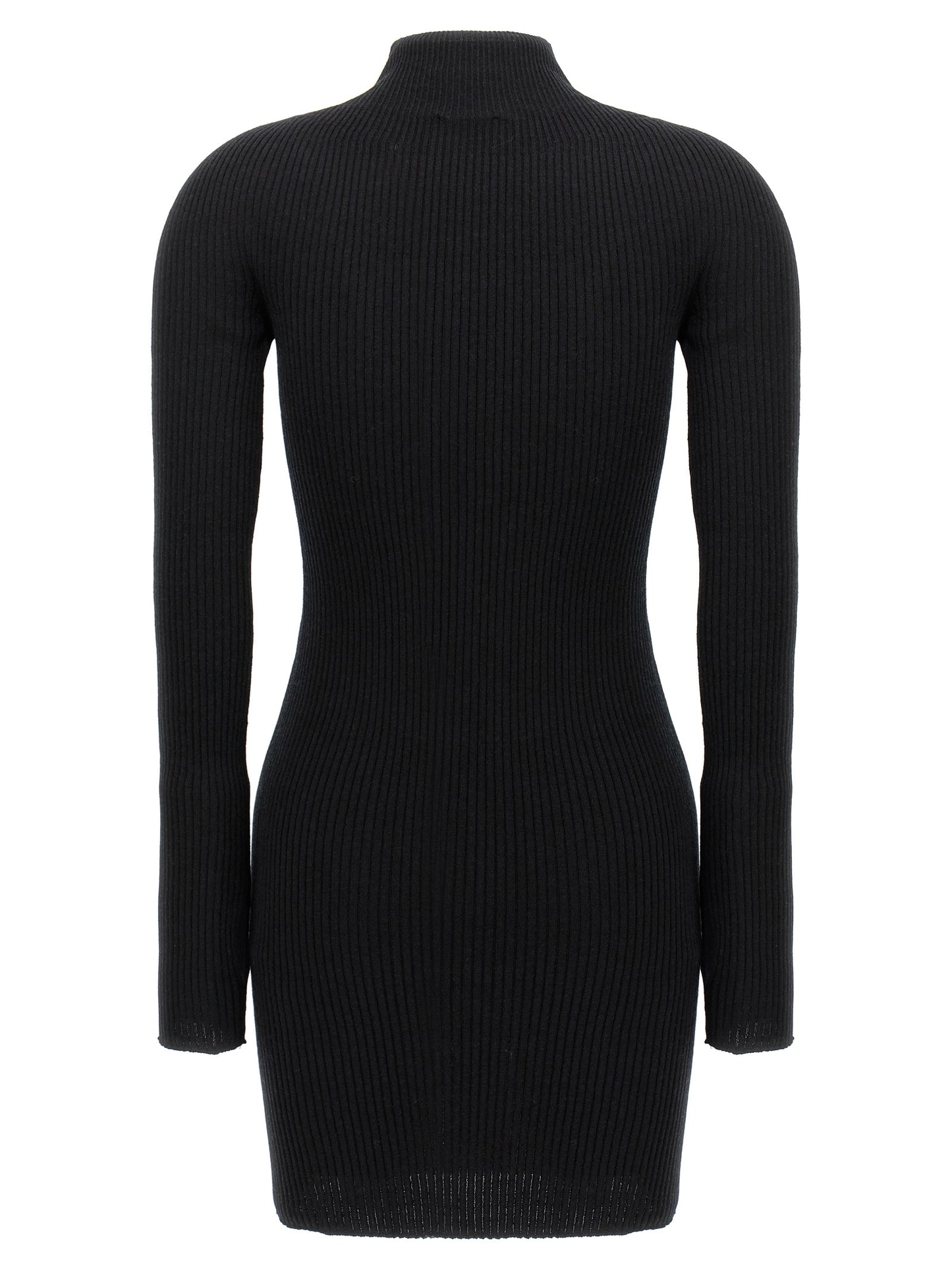 Dress by Courrèges for women in wool cotton black features an magnificent silhouette, artfully detailed with a magnificent high-neck neckline and that flows into an magnificent short.
