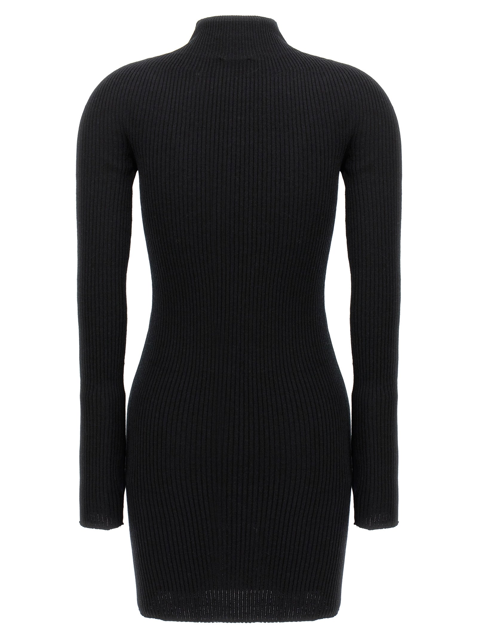 Dress by Courrèges for women in wool cotton black features an magnificent silhouette, artfully detailed with a magnificent high-neck neckline and that flows into an magnificent short.