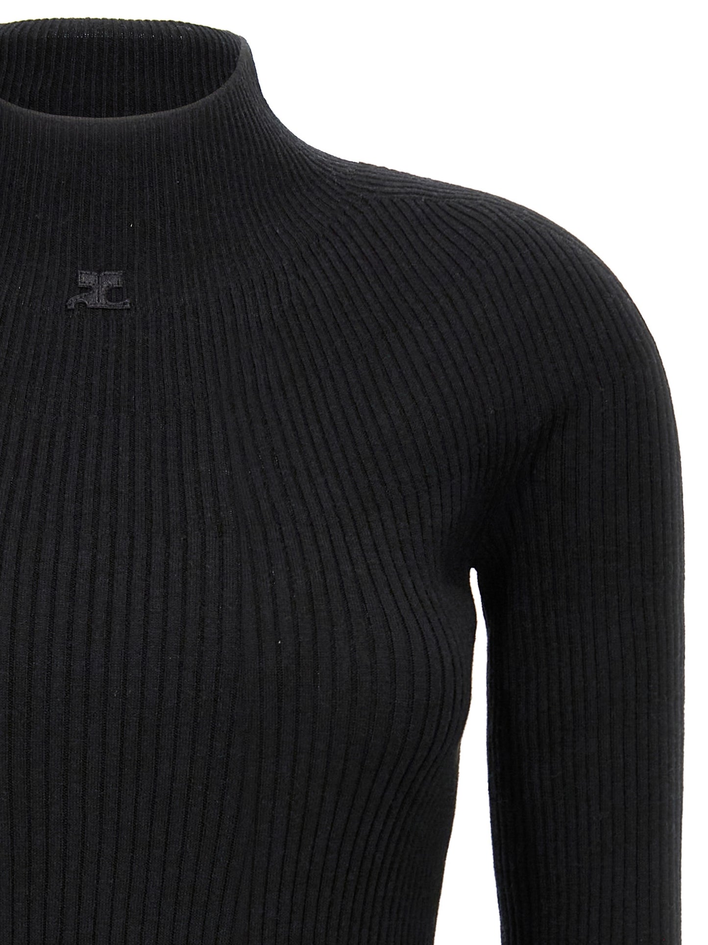 Dress by Courrèges for women in wool cotton black presents a sinuous silhouette, showcasing a sophisticated high-neck neckline and detailed with a sinuous short for a refined finish.