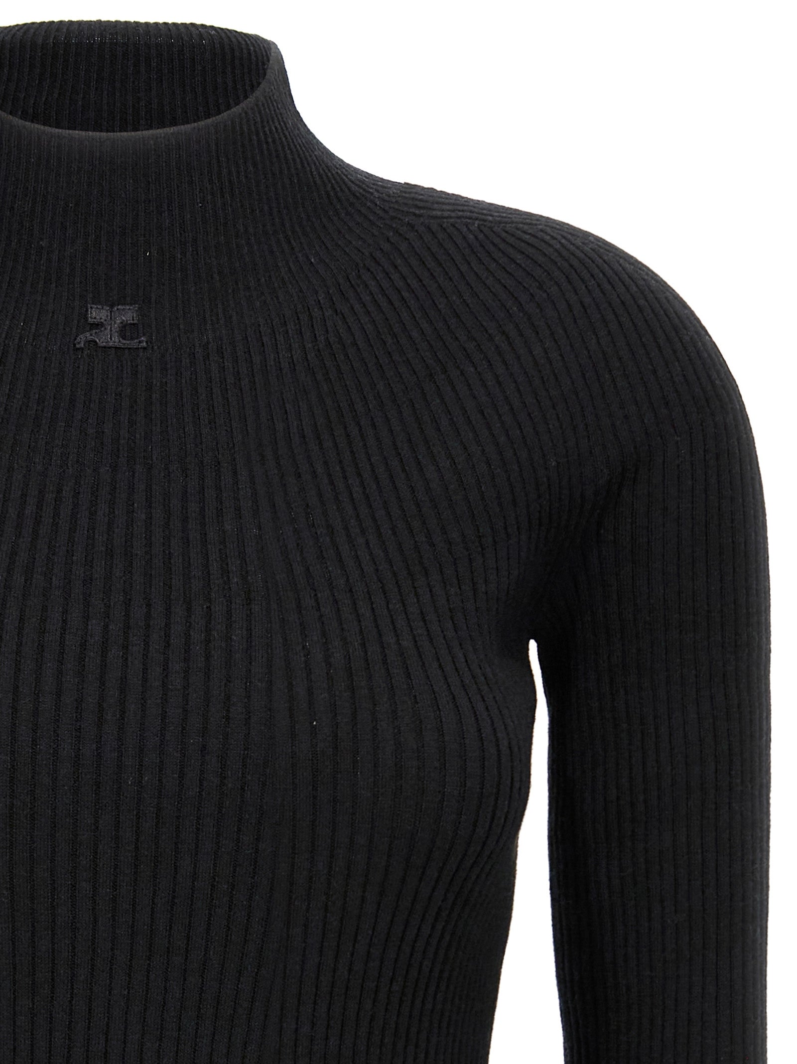 Dress by Courrèges for women in wool cotton black presents a sinuous silhouette, showcasing a sophisticated high-neck neckline and detailed with a sinuous short for a refined finish.