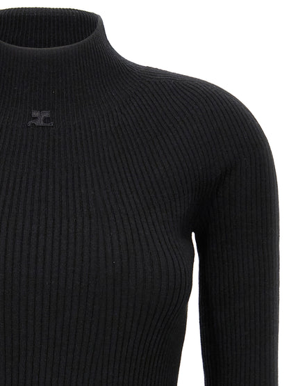 Dress by Courrèges for women in wool cotton black presents a sinuous silhouette, showcasing a sophisticated high-neck neckline and detailed with a sinuous short for a refined finish.