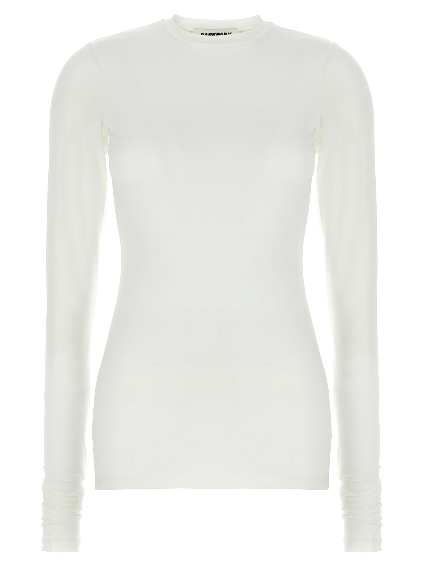 T-Shirt by Darkpark for women in stretch polyester white showcases a unassuming silhouette, artfully detailed with a refined crew neckline and unassuming long-sleeve for a sophisticated, contemporary look.
