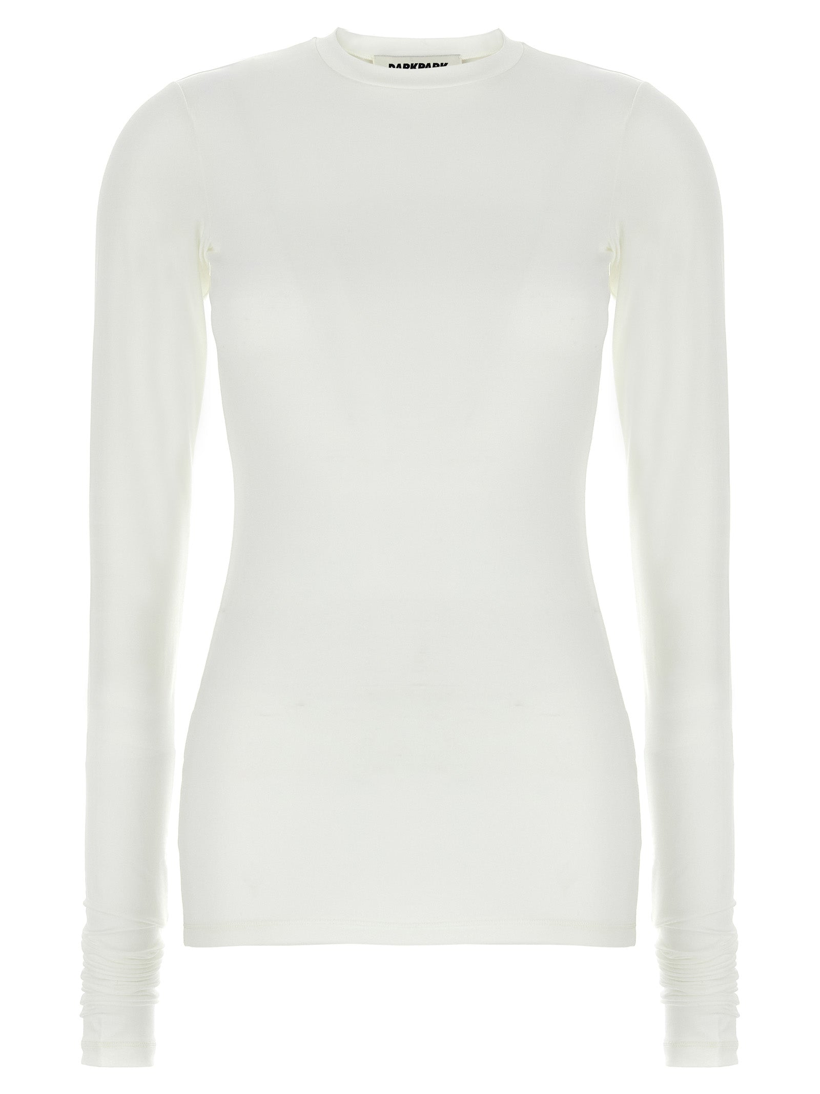 T-Shirt by Darkpark for women in stretch polyester white showcases a unassuming silhouette, artfully detailed with a refined crew neckline and unassuming long-sleeve for a sophisticated, contemporary look.
