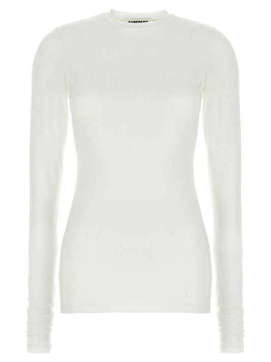 T-Shirt by Darkpark for women in stretch polyester white showcases a unassuming silhouette, artfully detailed with a refined crew neckline and unassuming long-sleeve for a sophisticated, contemporary look.