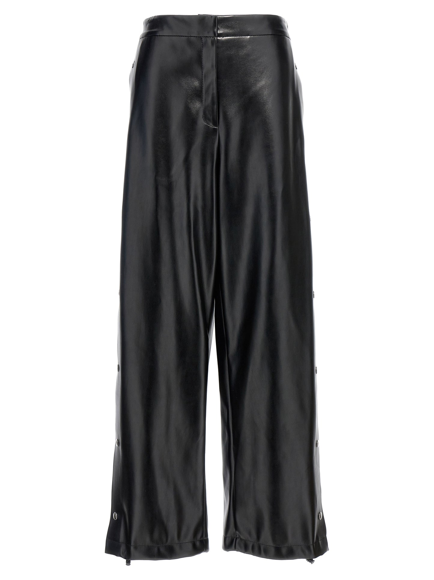 Trousers by Stella McCartney for women in polyester leather black features a artisanal silhouette, showcasing a sophisticated wide with a long and for a artisanal finish.