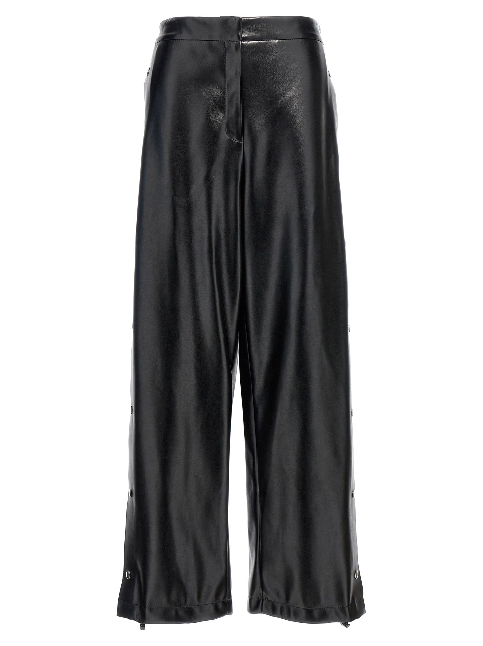 Trousers by Stella McCartney for women in polyester leather black features a artisanal silhouette, showcasing a sophisticated wide with a long and for a artisanal finish.
