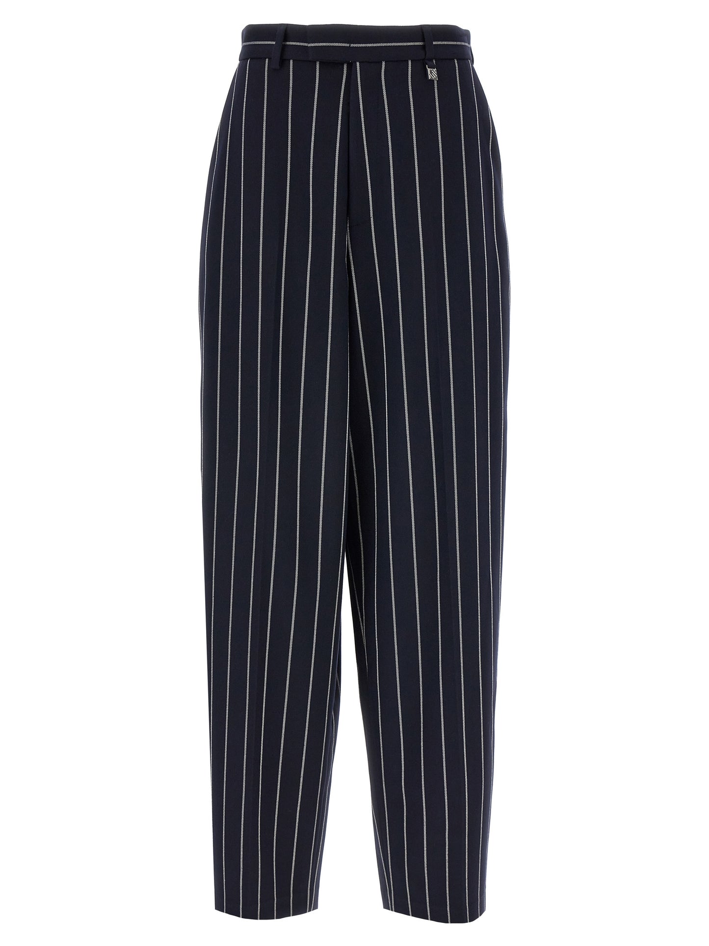 Trousers by Giuseppe Di Morabito for women in stretch viscose polyester blue & striped features a sculptural silhouette, showcasing a sculptural straight-leg and long with a sophisticated for a sculptural finish.