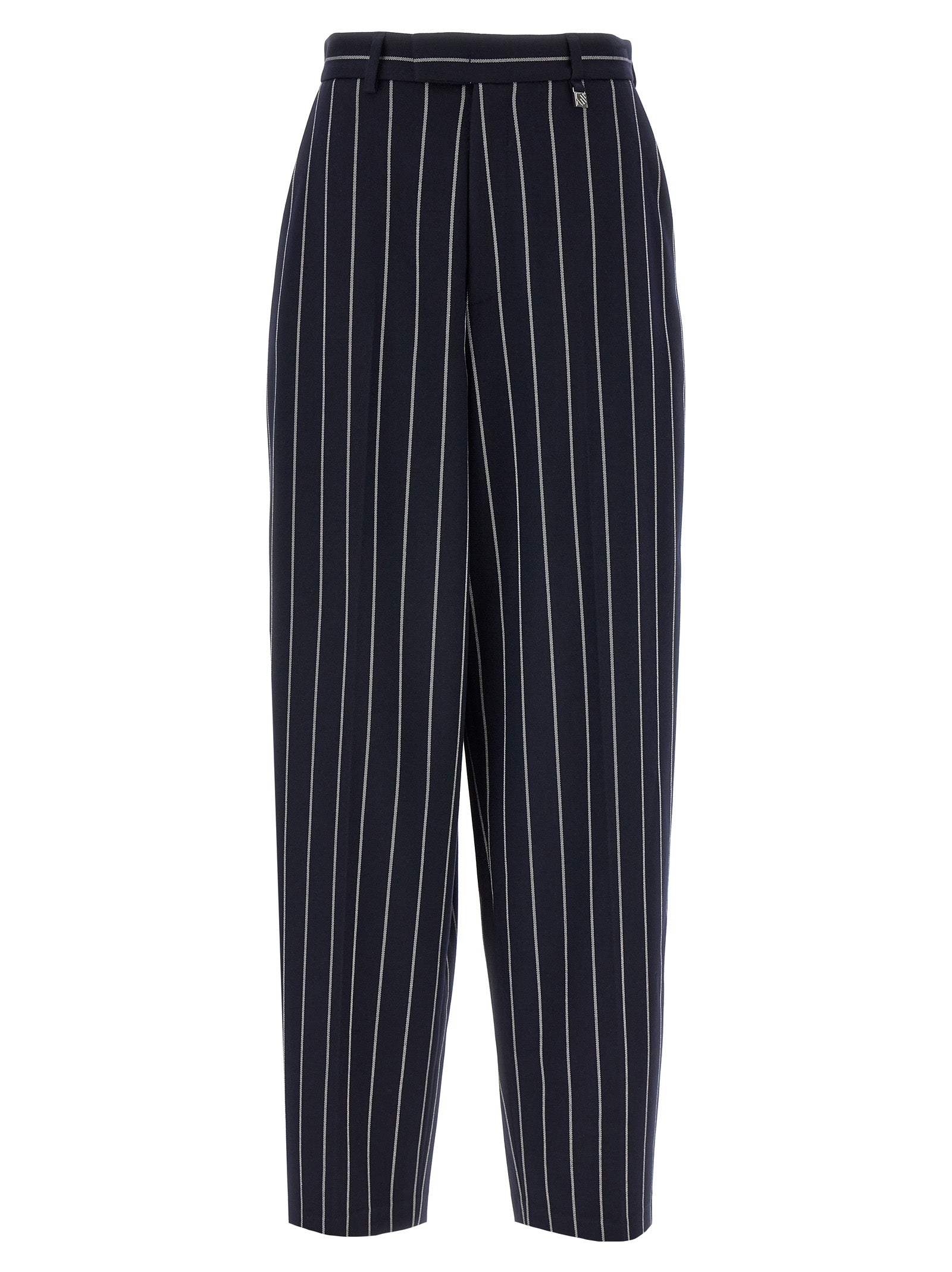 Trousers by Giuseppe Di Morabito for women in stretch viscose polyester blue & striped features a sculptural silhouette, showcasing a sculptural straight-leg and long with a sophisticated for a sculptural finish.