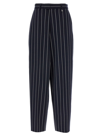 Trousers by Giuseppe Di Morabito for women in stretch viscose polyester blue & striped features a sculptural silhouette, showcasing a sculptural straight-leg and long with a sophisticated for a sculptural finish.