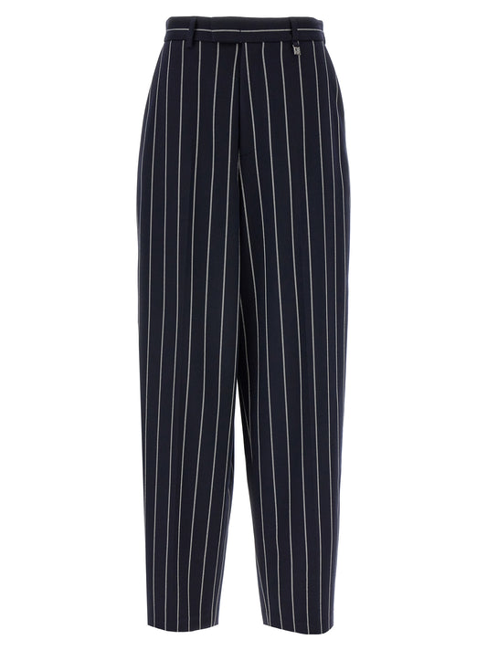 Trousers by Giuseppe Di Morabito for women in stretch viscose polyester blue & striped features a sculptural silhouette, showcasing a sculptural straight-leg and long with a sophisticated for a sculptural finish.