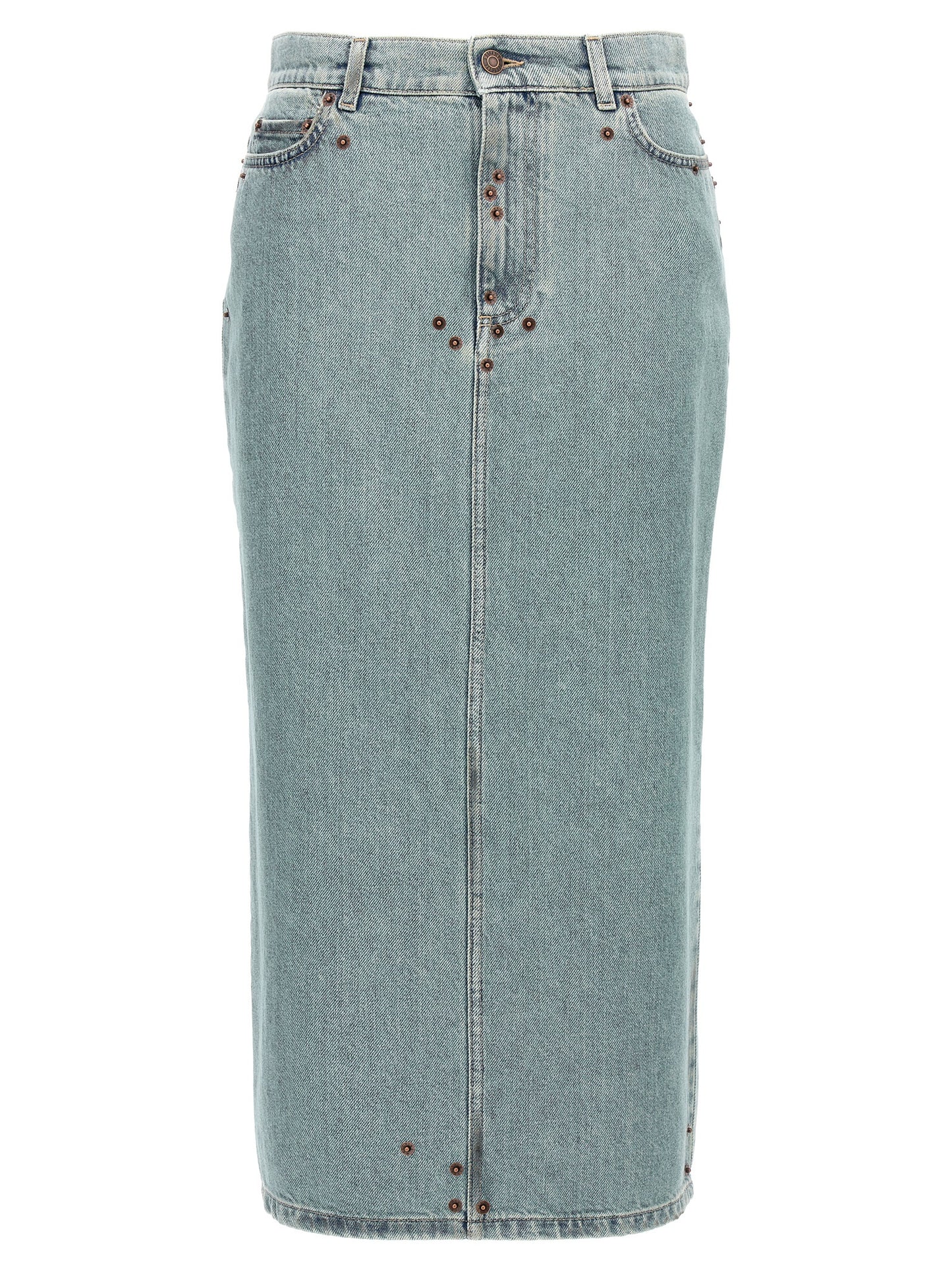 Skirt by Moschino for women in denim cotton light-blue showcases a sultry silhouette, elegantly defined by its midi and the sophisticated sultry design of the Women's Denim Cotton Midi Skirt.