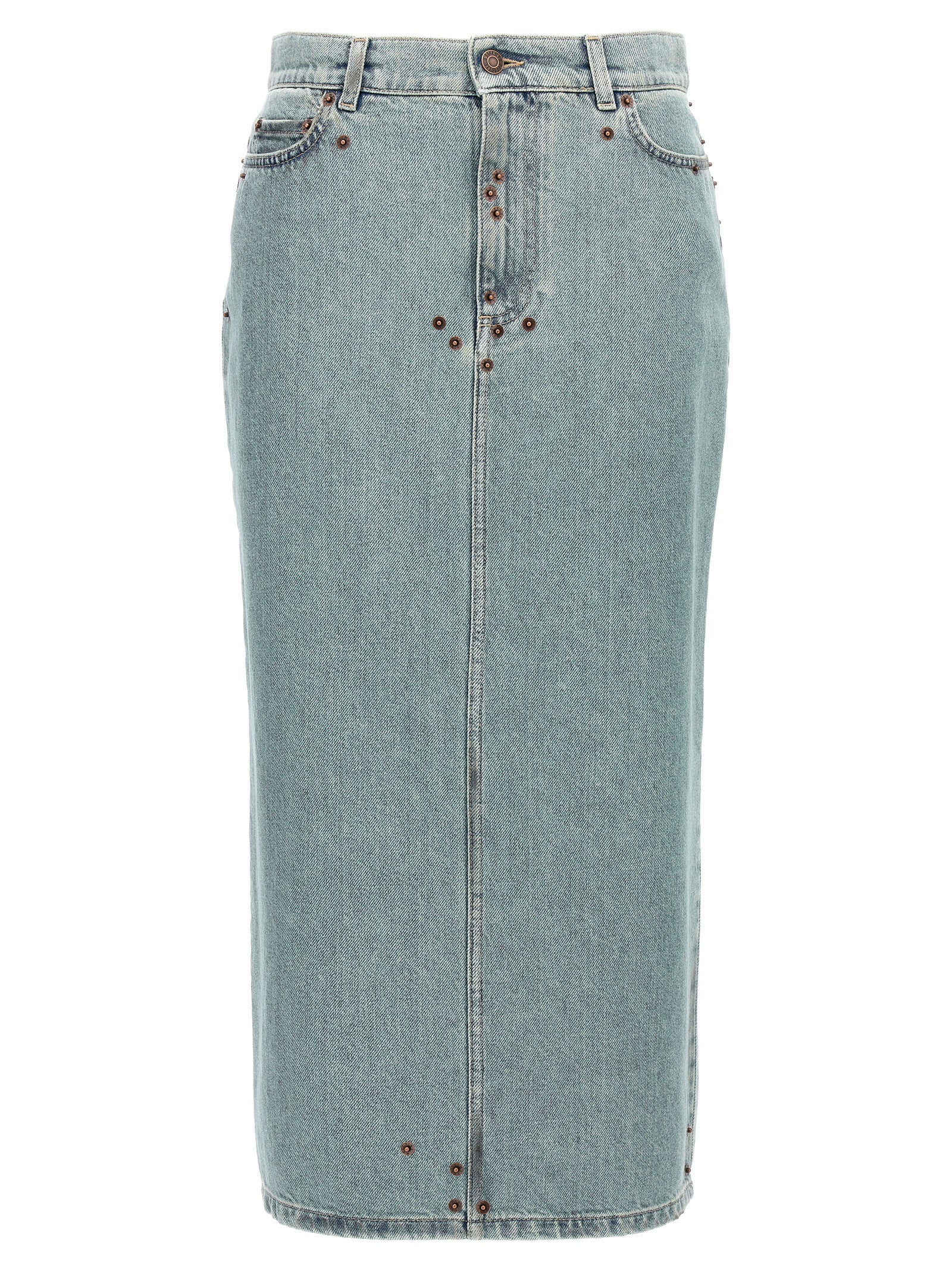 Skirt by Moschino for women in denim cotton light-blue showcases a sultry silhouette, elegantly defined by its midi and the sophisticated sultry design of the Women's Denim Cotton Midi Skirt.