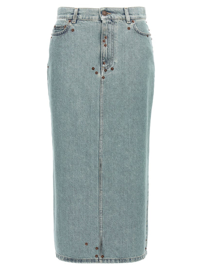 Skirt by Moschino for women in denim cotton light-blue showcases a sultry silhouette, elegantly defined by its midi and the sophisticated sultry design of the Women's Denim Cotton Midi Skirt.